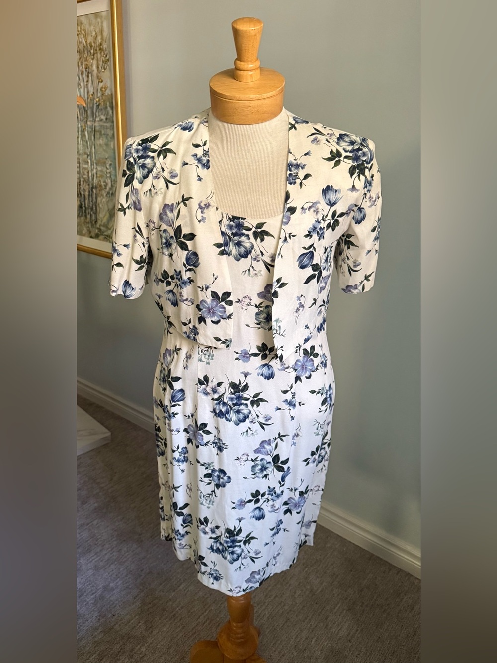 Vintage 90s Floral Dress & Cropped Jacket Set Blue Cottagecore